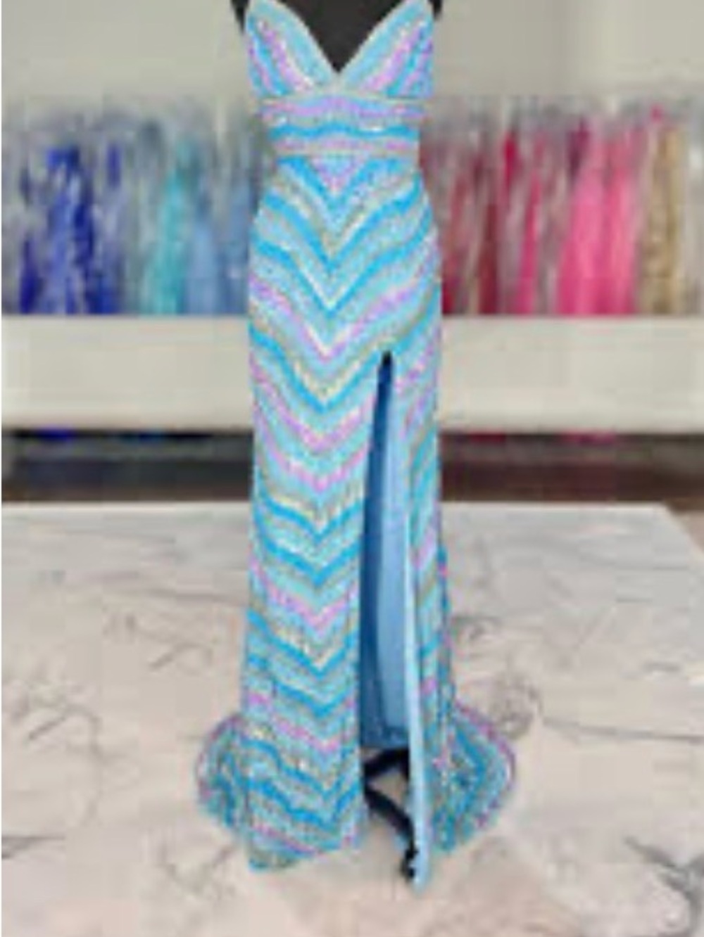 Jovani Blue and Pink Sequin Chevron Maxi Dress